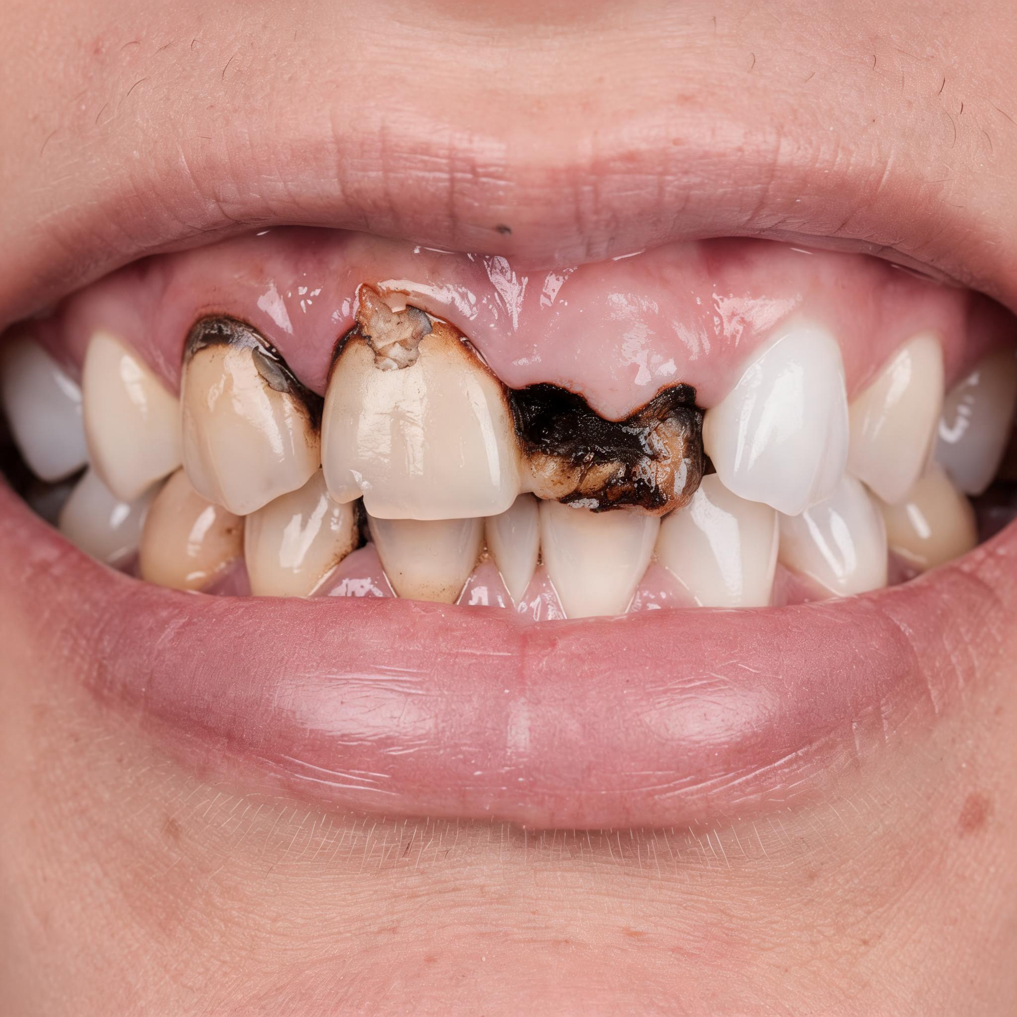 Severely decayed upper front teeth needing root canal treatment